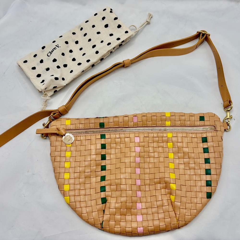 Clare V. Bisque Woven Checker with Stripe Leather Crossbody Bag NWT